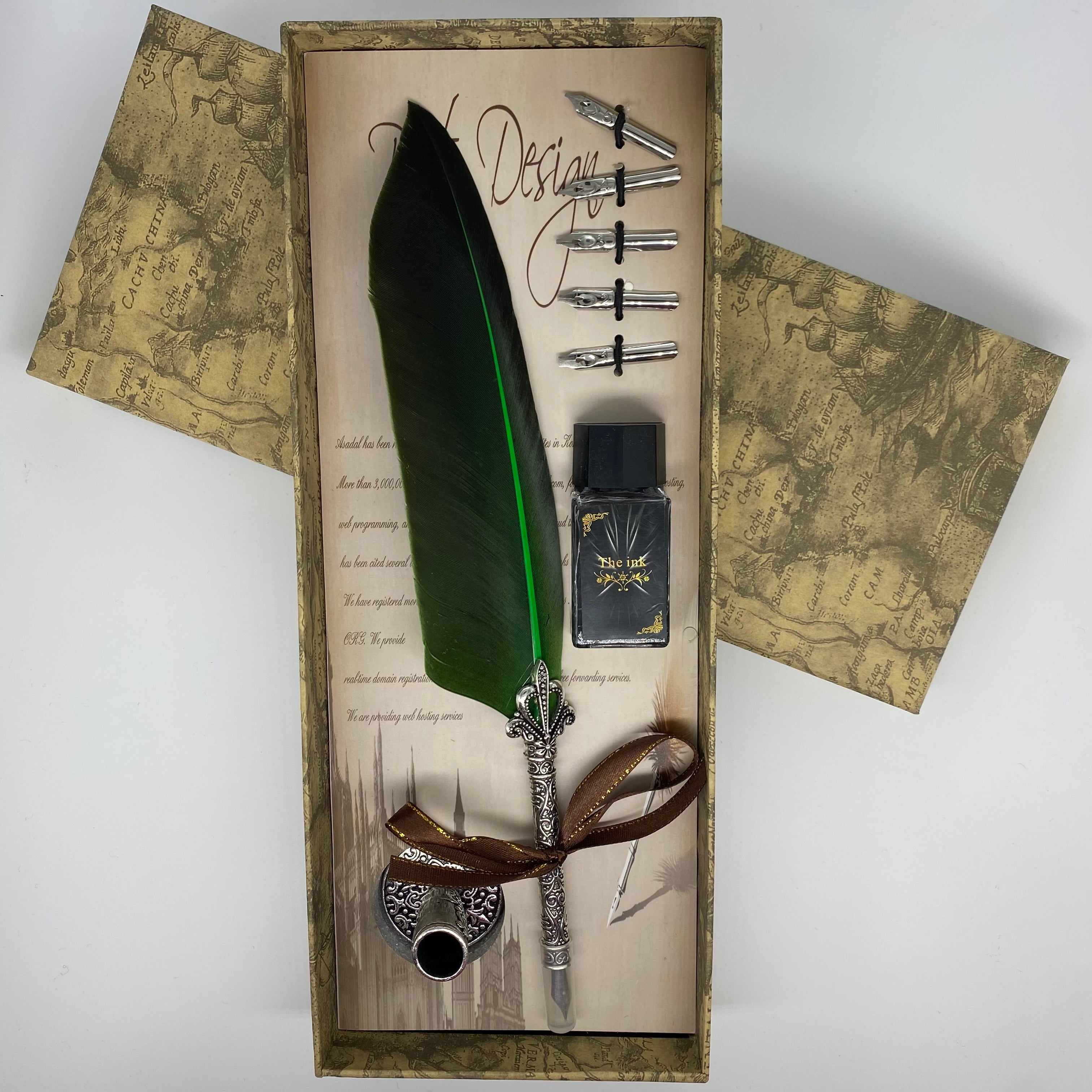 Vintage Style Quill & Ink Set - Green
